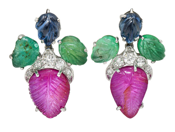 Art Deco 6.83 CTW Diamond Ruby Sapphire Emerald Platinum Tutti Frutti Earrings