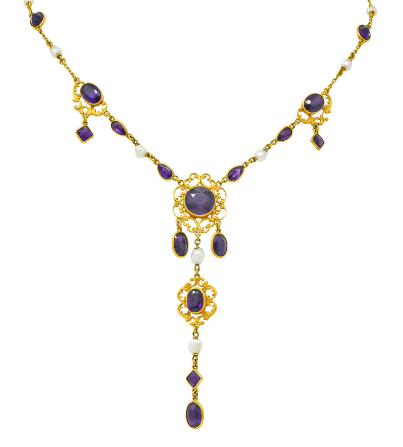 1890 Victorian Amethyst Pearl 14 Karat Gold Drop Necklace - Wilson's Estate Jewelry