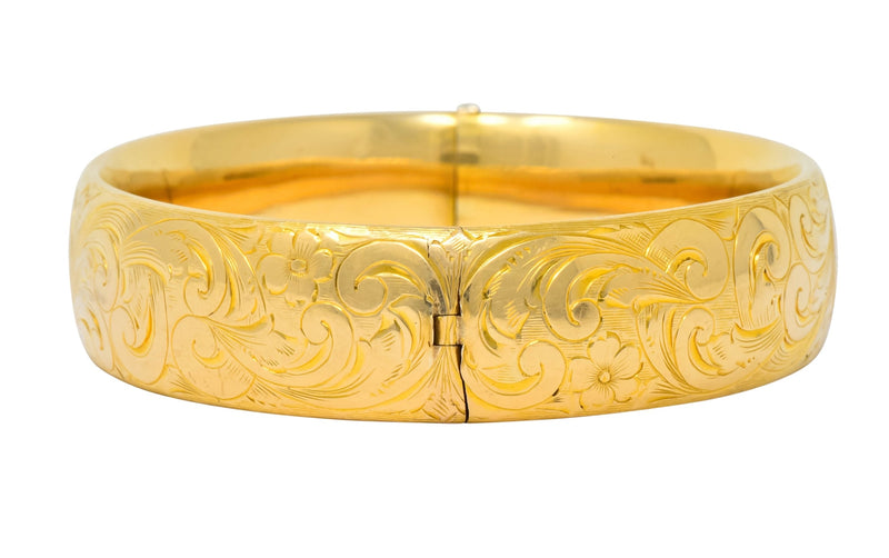 1900 Victorian 14 Karat Yellow Gold Floral Foliate Bangle Bracelet - Wilson's Estate Jewelry