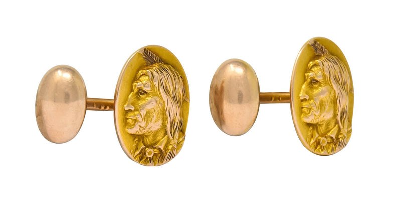 1900's Victorian 14 Karat Two-Tone Gold Native American Men's Cufflinks - Wilson's Estate Jewelry