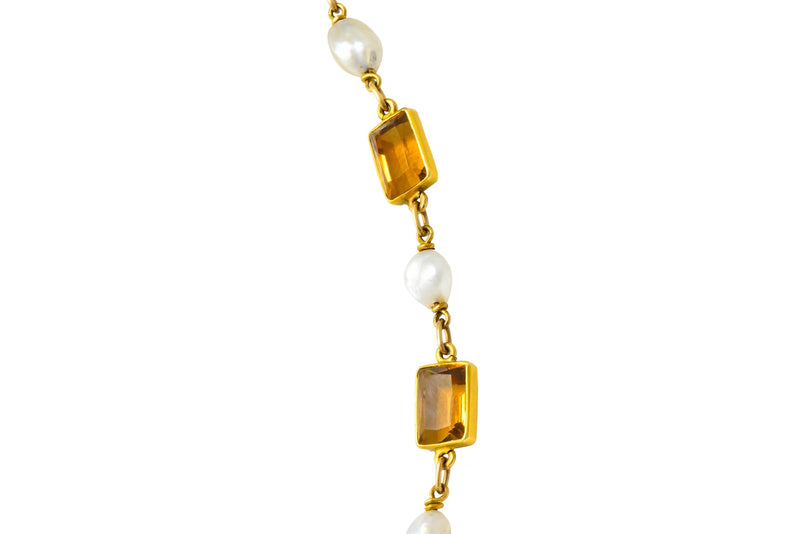 1905 Art Nouveau Citrine Pearl 14 Karat Gold Link Necklace - Wilson's Estate Jewelry