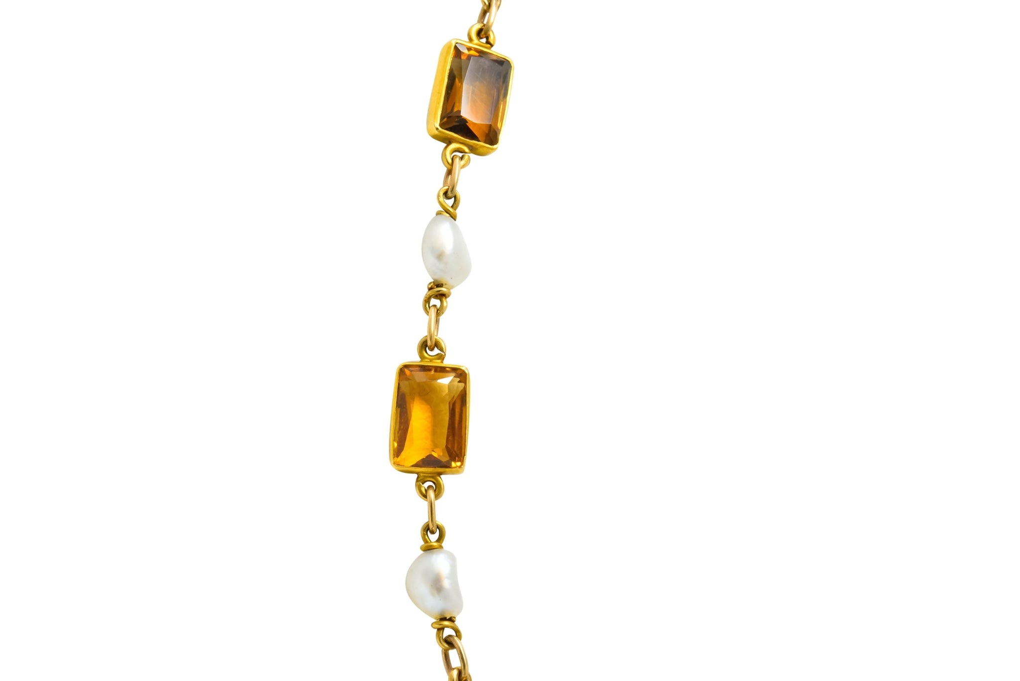 1905 Art Nouveau Citrine Pearl 14 Karat Gold Link Necklace - Wilson's Estate Jewelry
