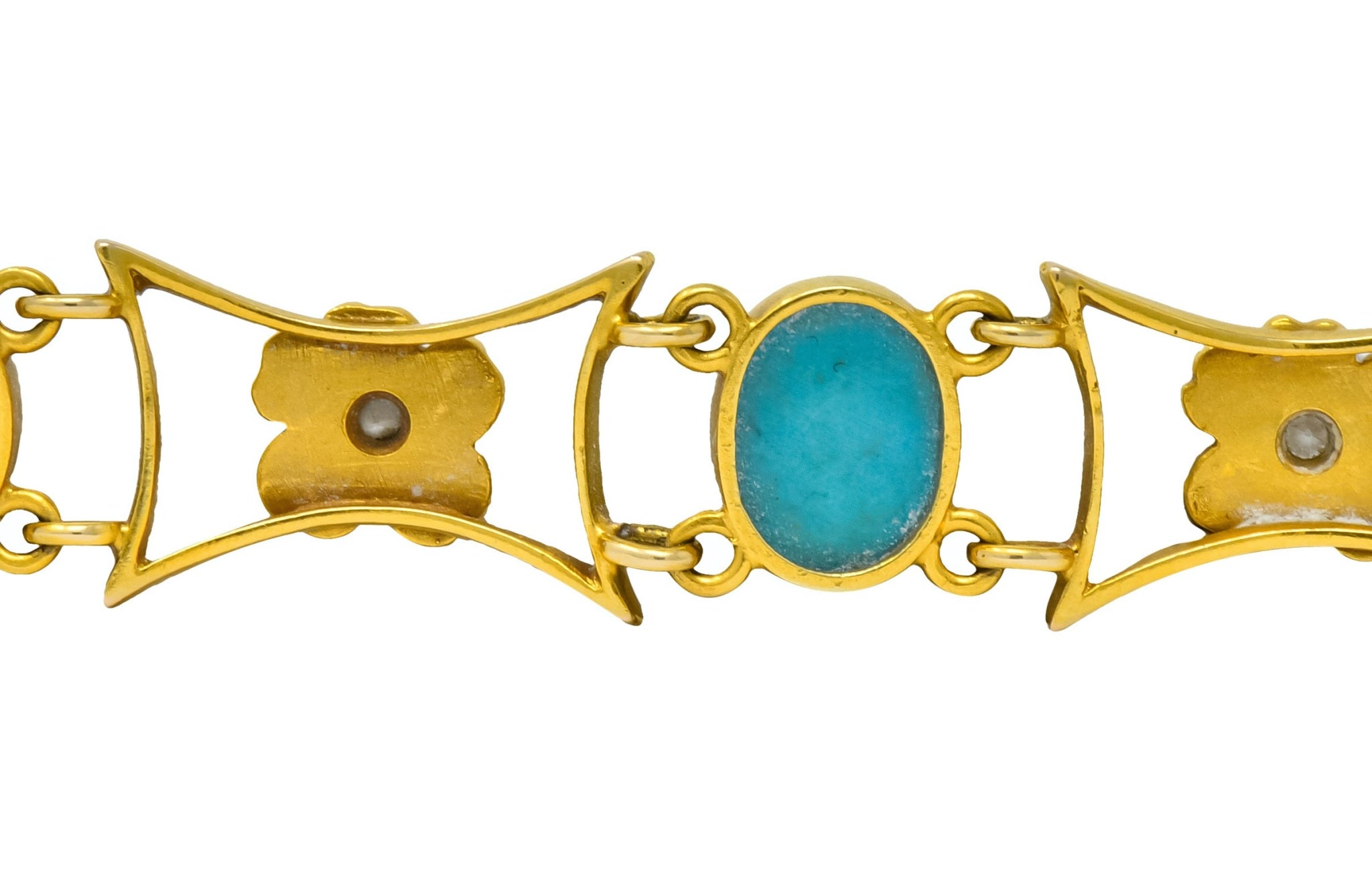 1905 Victorian Turquoise Diamond 14 Karat Yellow Gold Floral Link Bracelet - Wilson's Estate Jewelry