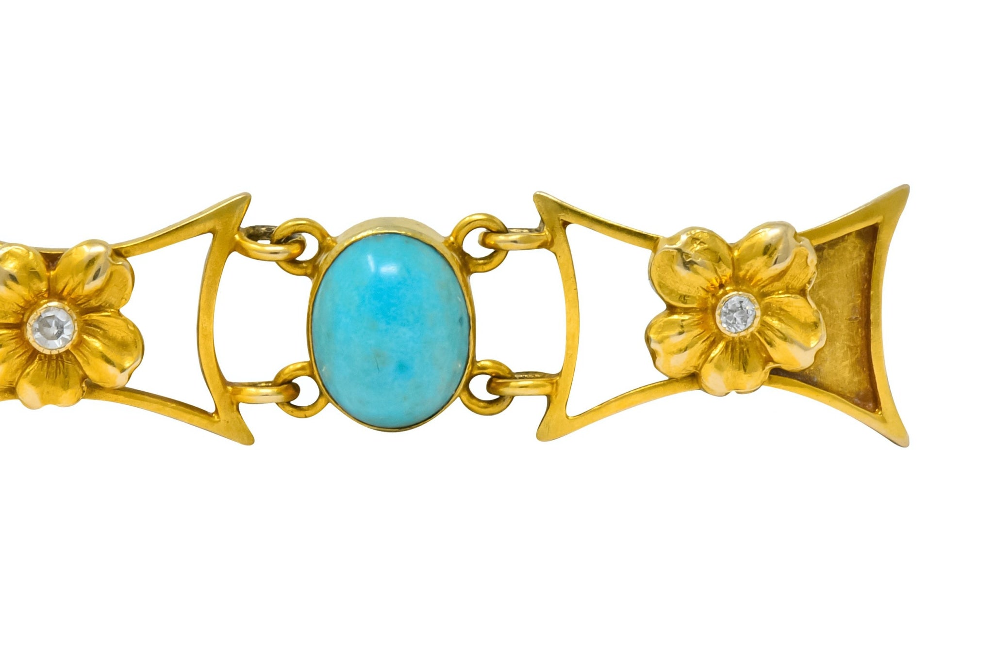 1905 Victorian Turquoise Diamond 14 Karat Yellow Gold Floral Link Bracelet - Wilson's Estate Jewelry