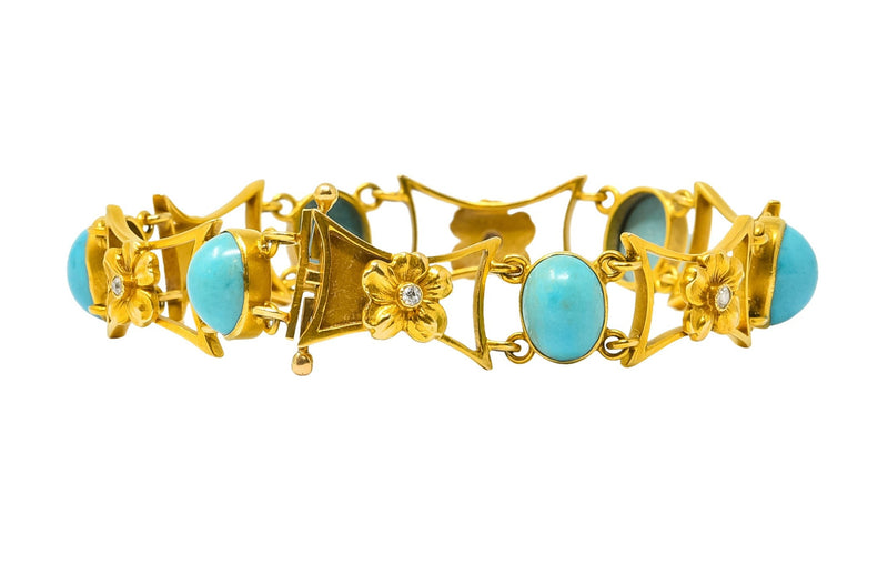 1905 Victorian Turquoise Diamond 14 Karat Yellow Gold Floral Link Bracelet - Wilson's Estate Jewelry