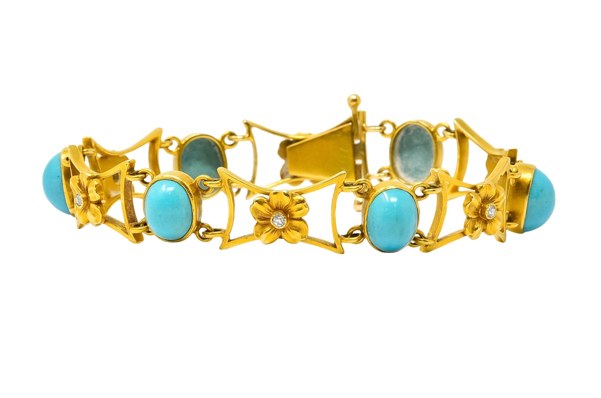 1905 Victorian Turquoise Diamond 14 Karat Yellow Gold Floral Link Bracelet - Wilson's Estate Jewelry