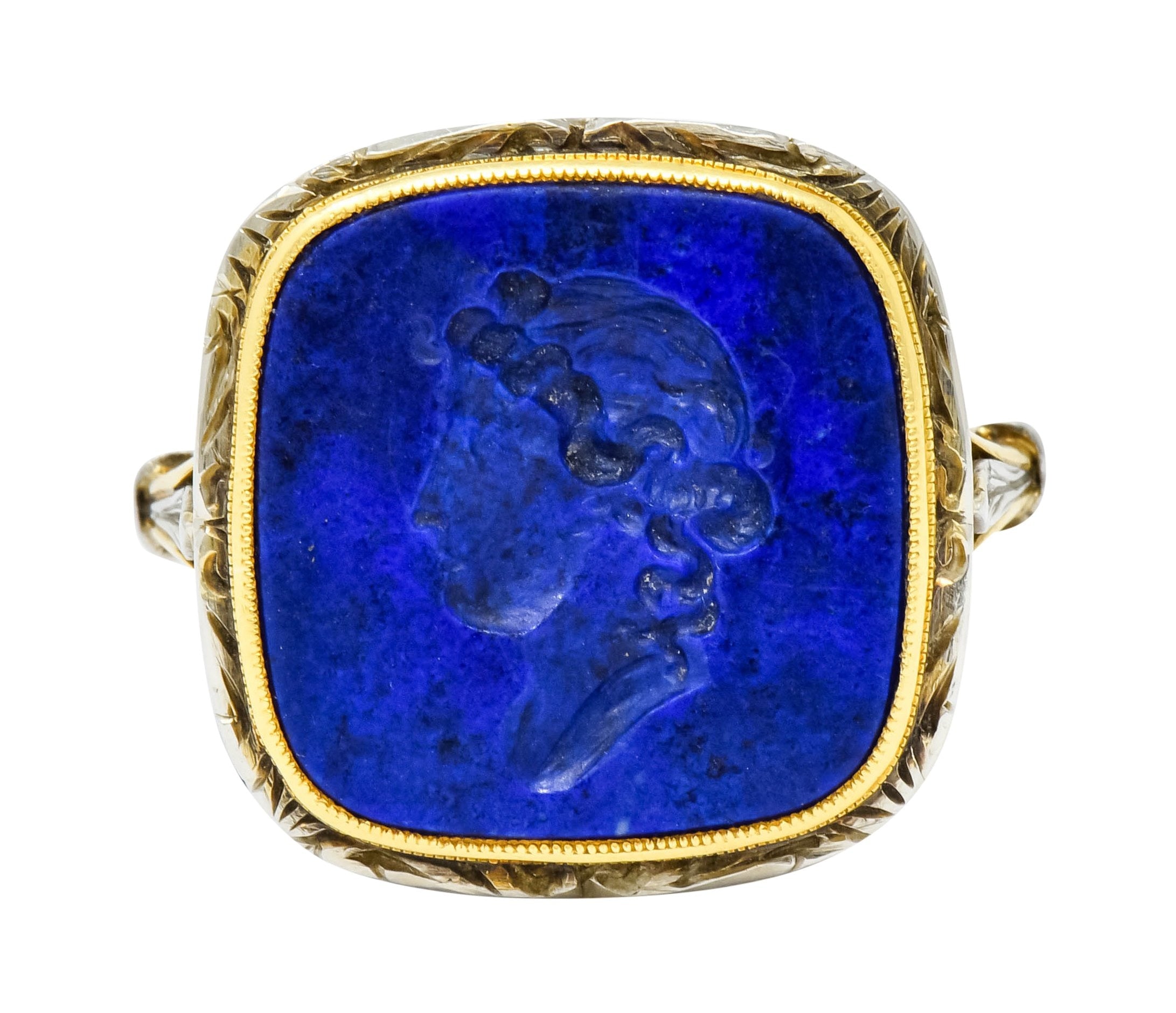 1910 Edwardian Lapis Intaglio Platinum-Topped 14 Karat Gold Signet Ring - Wilson's Estate Jewelry