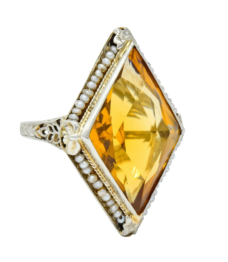 1920 Edwardian Citrine Seed Pearl 18 Karat White Gold Cocktail Ring - Wilson's Estate Jewelry
