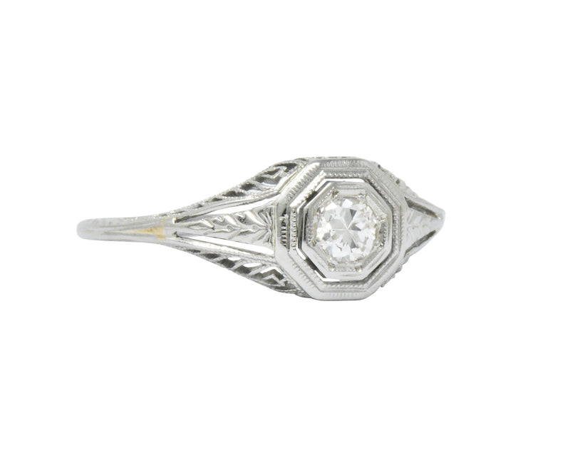 1920's Art Deco Diamond 18 Karat White Gold Foliate Engagement Ring Wilson's Estate Jewelry