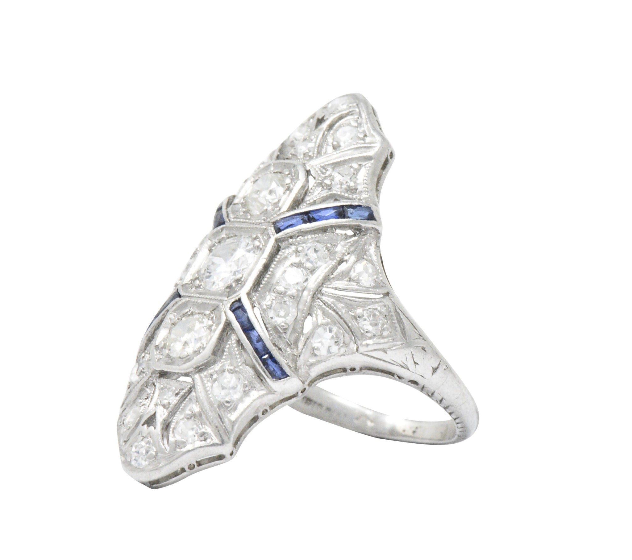 1920's 1.15 CTW Diamond Sapphire Platinum Art Deco Dinner Ring Wilson's Estate Jewelry