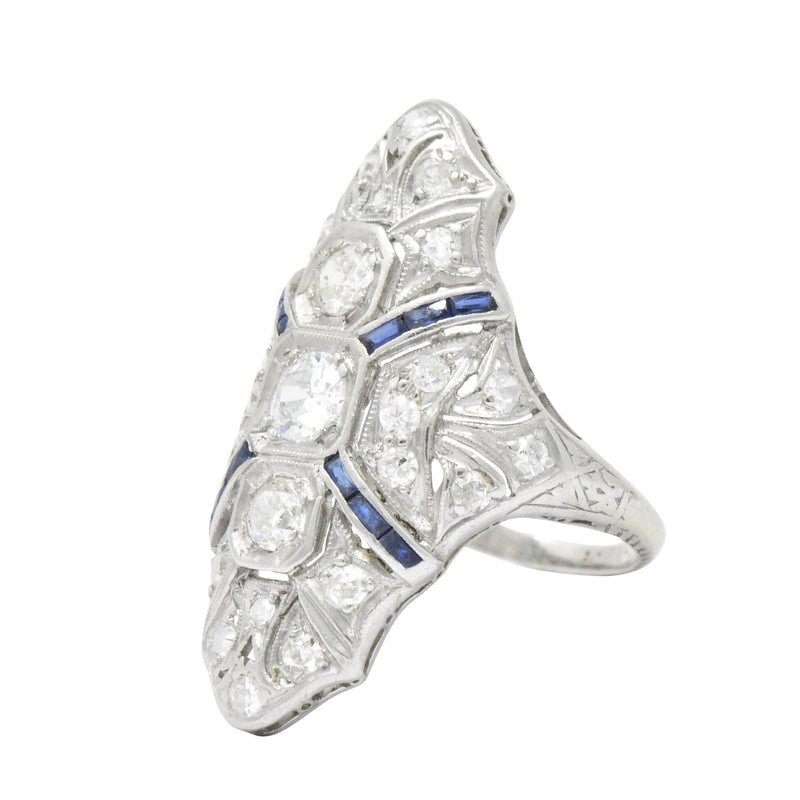 1920's 1.15 CTW Diamond Sapphire Platinum Art Deco Dinner Ring Wilson's Estate Jewelry