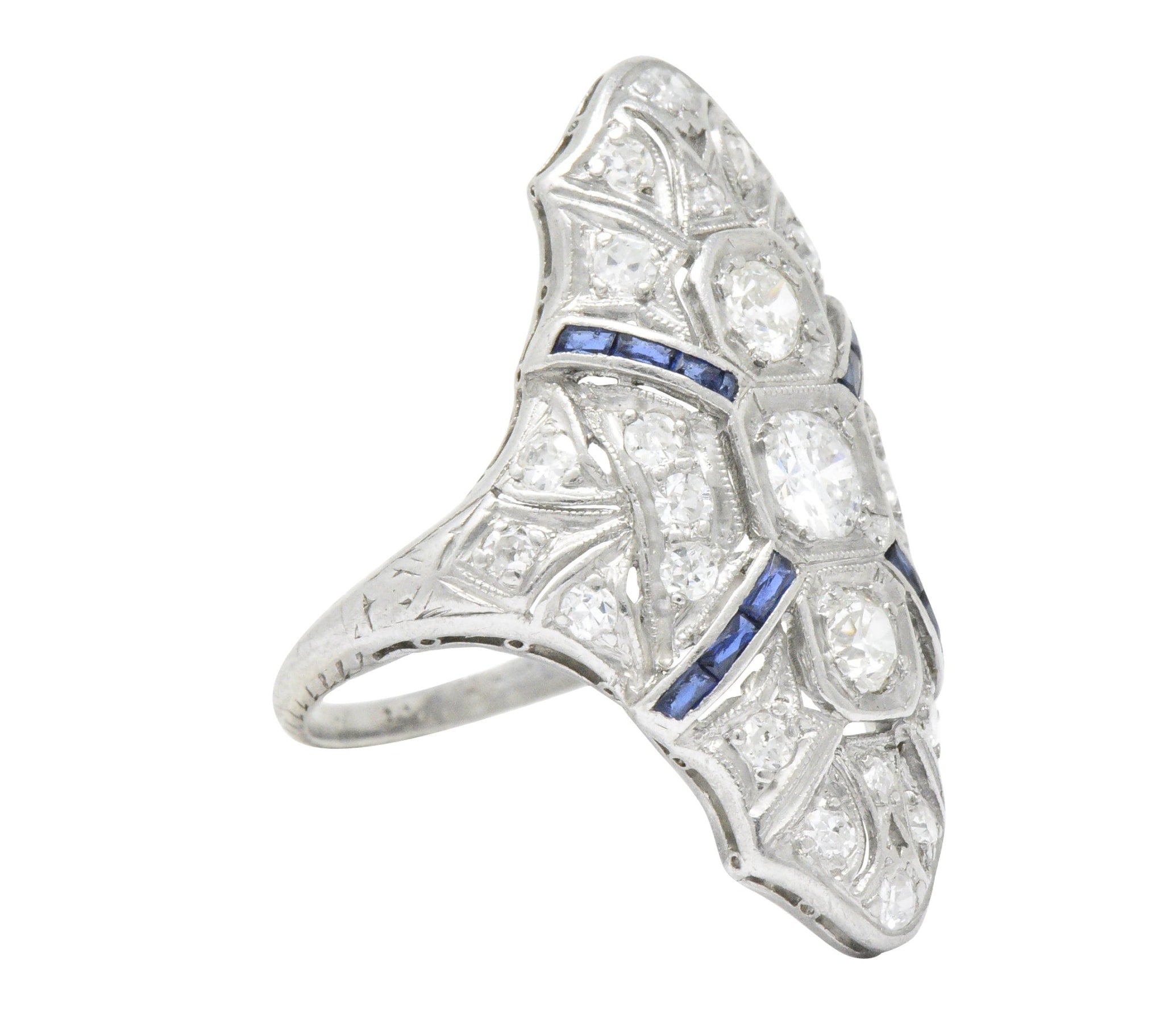 1920's 1.15 CTW Diamond Sapphire Platinum Art Deco Dinner Ring Wilson's Estate Jewelry