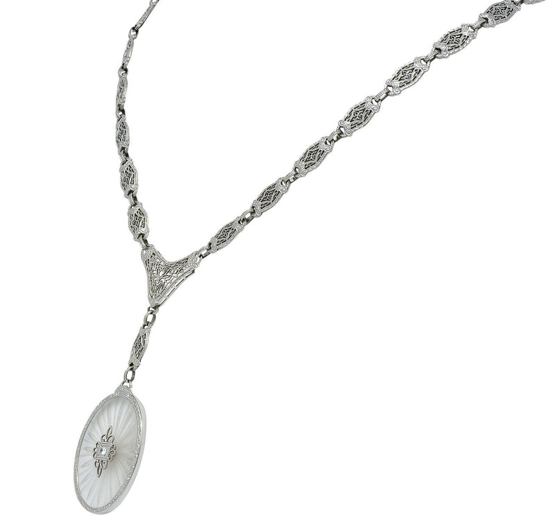 1920s Art Deco Camphor Glass Diamond 14 Karat White Gold Drop Necklace - Wilson's Estate Jewelry