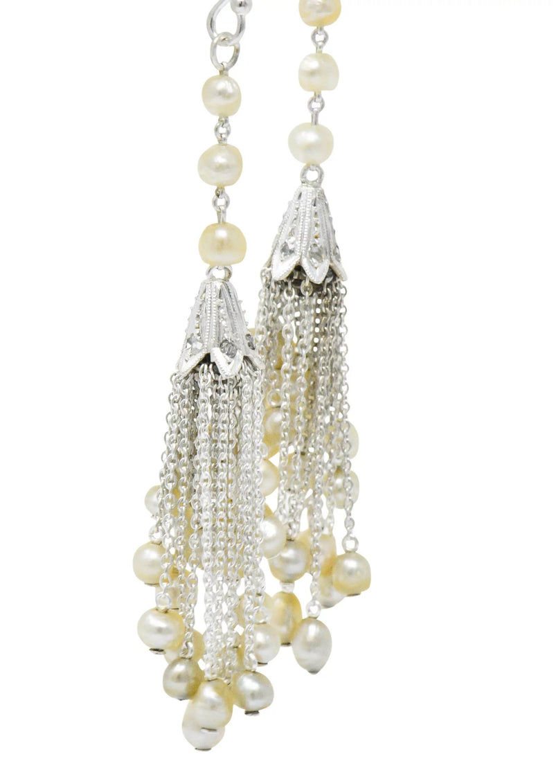 1920's Diamond Seed Pearl Platinum 14 Karat White Gold Tassel Drop Art Deco Earrings Wilson's Estate Jewelry