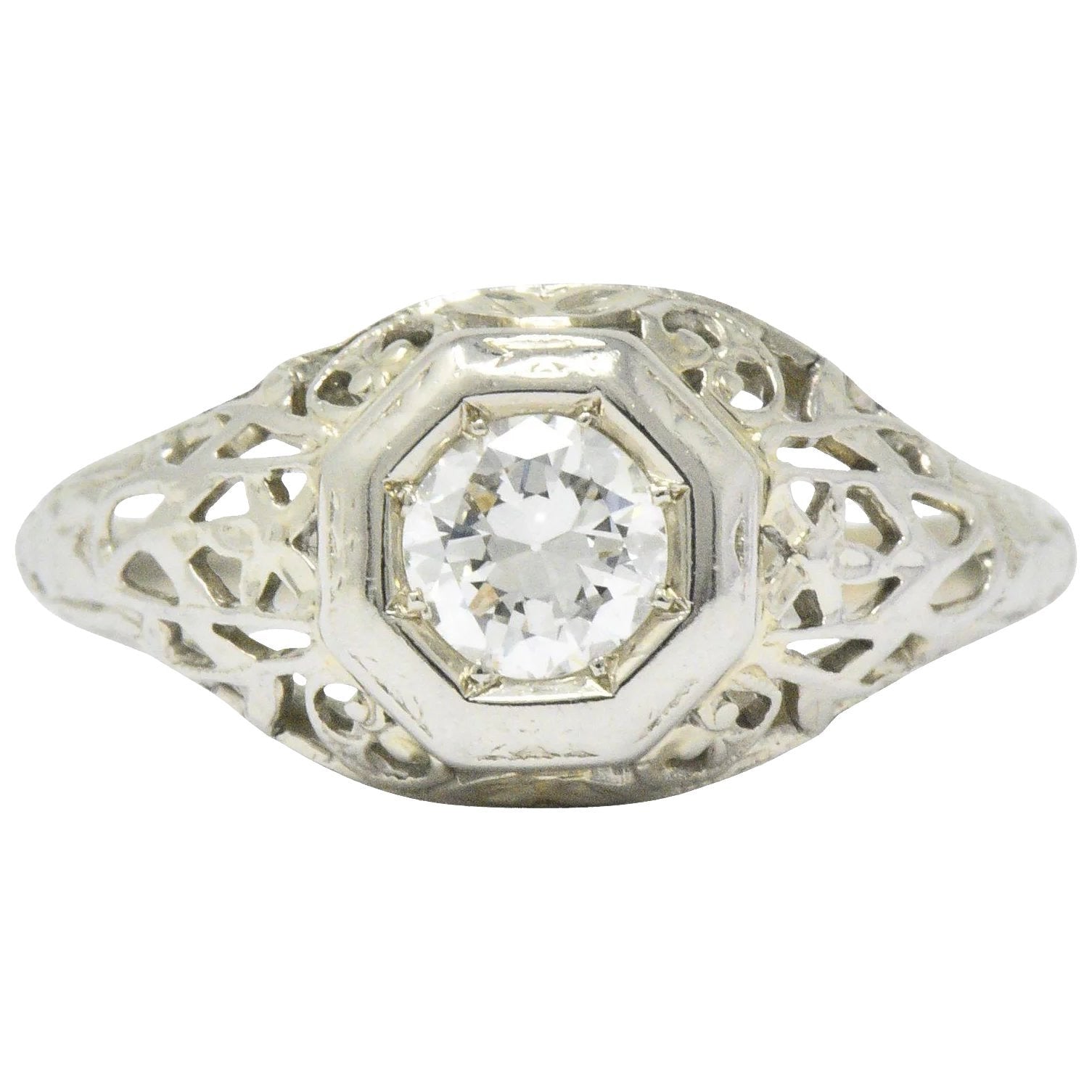 1930's 0.33 CTW Diamond 18 Karat White Gold Art Deco Engagement Ring Wilson's Estate Jewelry