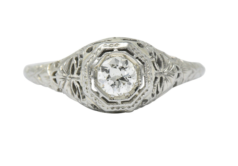 Art Deco 0.35 CTW Diamond 14 Karat White Gold Foliate Engagement Ring Circa 1930 Wilson's Estate Jewelry