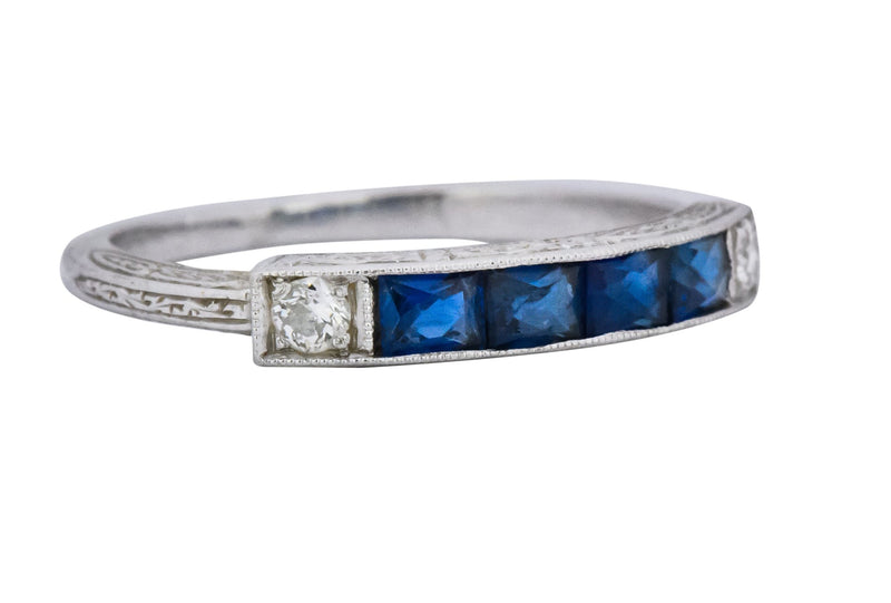 1930's Deco 1.10 CTW Sapphire Diamond Platinum Stackable Wedding Band Ring Wilson's Estate Jewelry
