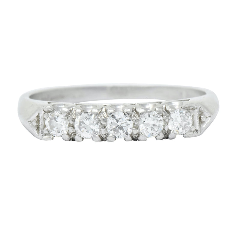 1940 Retro Round Brilliant Diamond Platinum Fishtail Band Stacking Ring - Wilson's Estate Jewelry