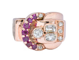1940's Retro 1.20 CTW Diamond Ruby 14 Karat Rose Gold Buckle Ring - Wilson's Estate Jewelry