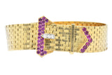 1940's Retro 1.37 CTW Ruby Diamond 14 Karat Gold Jarretière Buckle Link Bracelet Wilson's Estate Jewelry