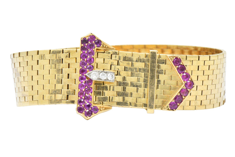 1940's Retro 1.37 CTW Ruby Diamond 14 Karat Gold Jarretière Buckle Link Bracelet Wilson's Estate Jewelry