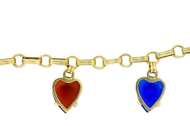 1940's Retro Agate 14 Karat Gold Heart Charm Bracelet - Wilson's Estate Jewelry