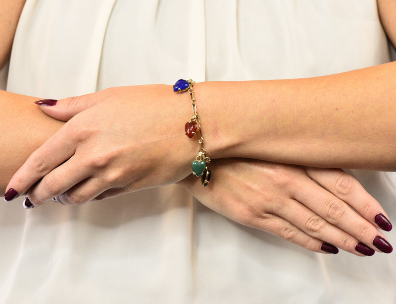 1940's Retro Agate 14 Karat Gold Heart Charm Bracelet - Wilson's Estate Jewelry