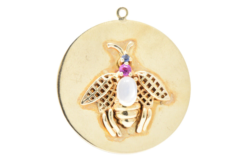 1940's Retro Moonstone Sapphire 14 Karat Gold Bee Charm Pendant Wilson's Estate Jewelry