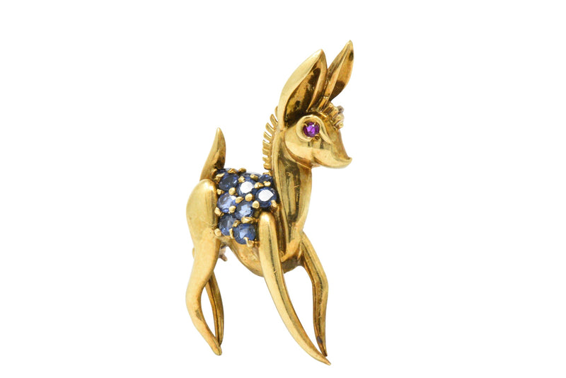 1950's .90CTW Sapphire, Ruby & 18K Gold Deer/Doe Brooch Wilson's Estate Jewelry