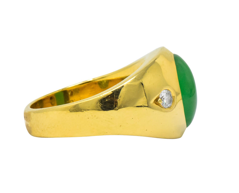 1950's Jadeite Jade Cabochon Diamond 18 Karat Gold Unisex Ring GIA Wilson's Estate Jewelry