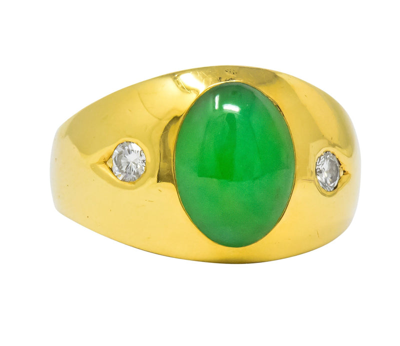 1950's Jadeite Jade Cabochon Diamond 18 Karat Gold Unisex Ring GIA Wilson's Estate Jewelry