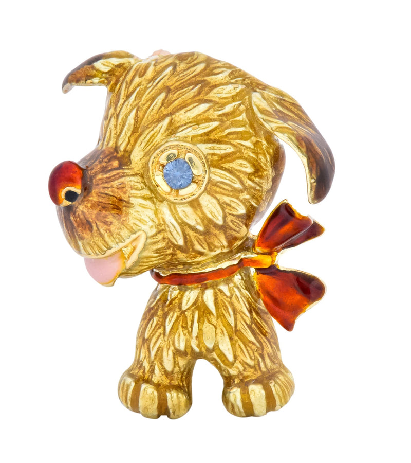 1960's Vintage Enamel Sapphire 14 Karat Gold Puppy Dog Brooch - Wilson's Estate Jewelry