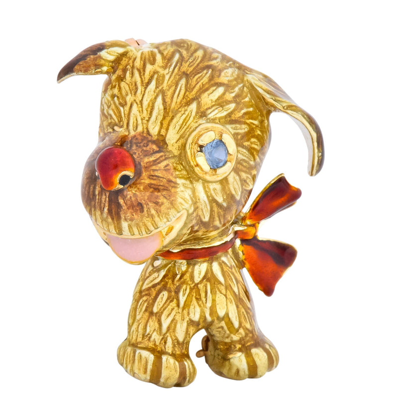 1960's Vintage Enamel Sapphire 14 Karat Gold Puppy Dog Brooch - Wilson's Estate Jewelry