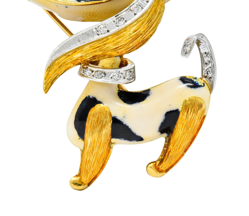 1960's Vintage Enamel Diamond 18 Karat Gold Prancing Dog Brooch - Wilson's Estate Jewelry