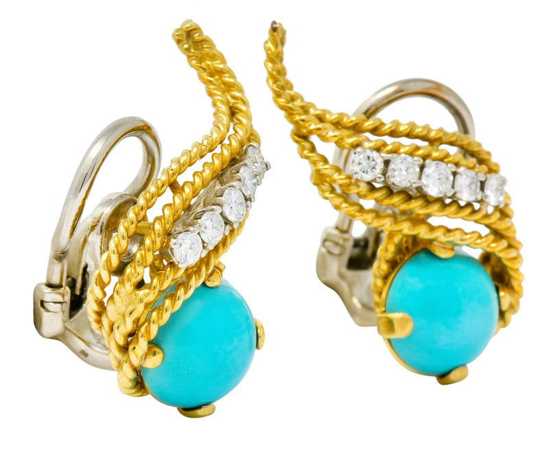 1970's Diamond Turquoise 18 Karat Gold Ear-Clip Earrings - Wilson's Estate Jewelry