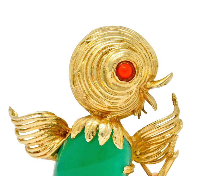 1970's Vintage Chrysoprase 14 Karat Gold Baby Bird Brooch - Wilson's Estate Jewelry