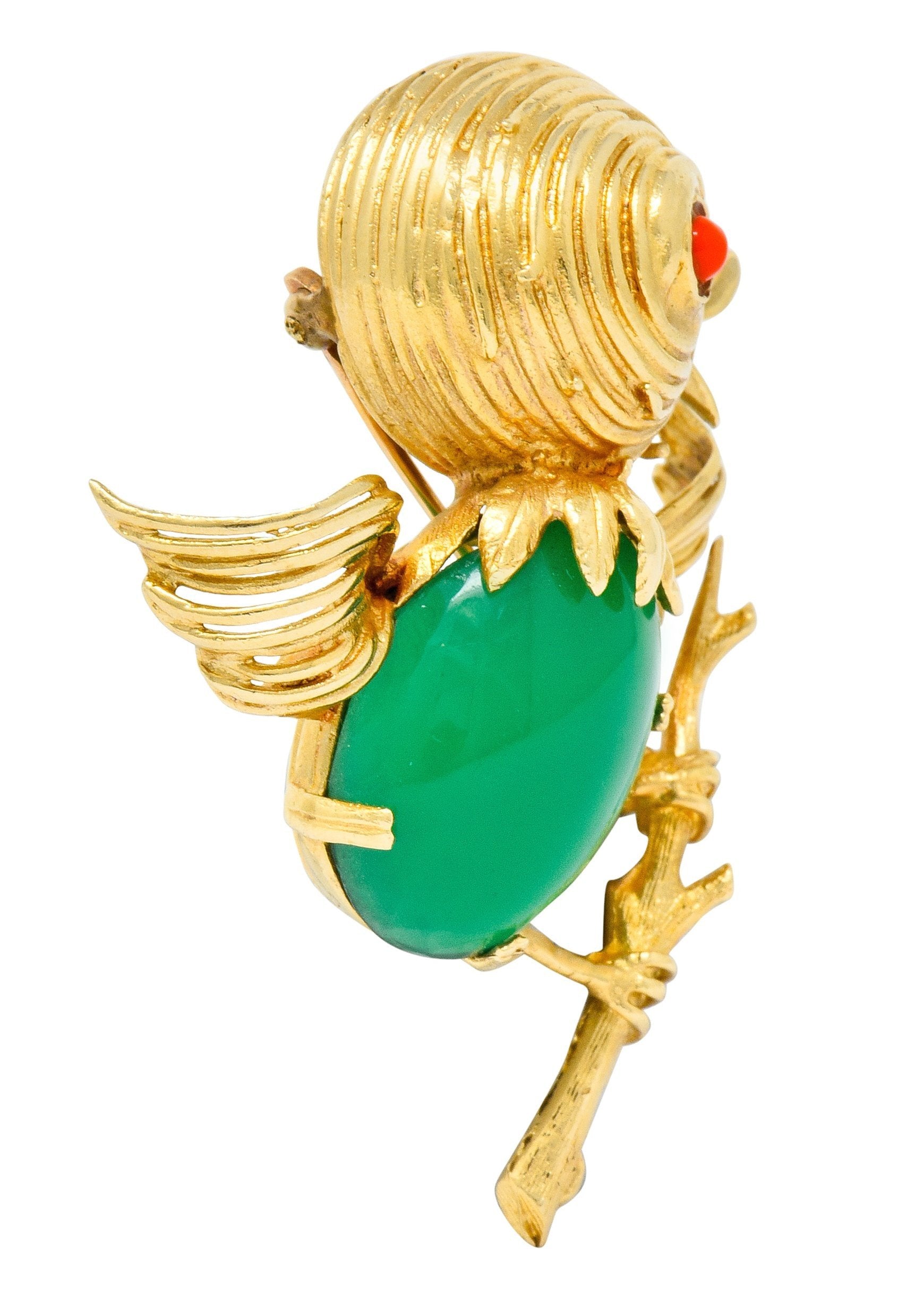 1970's Vintage Chrysoprase 14 Karat Gold Baby Bird Brooch - Wilson's Estate Jewelry