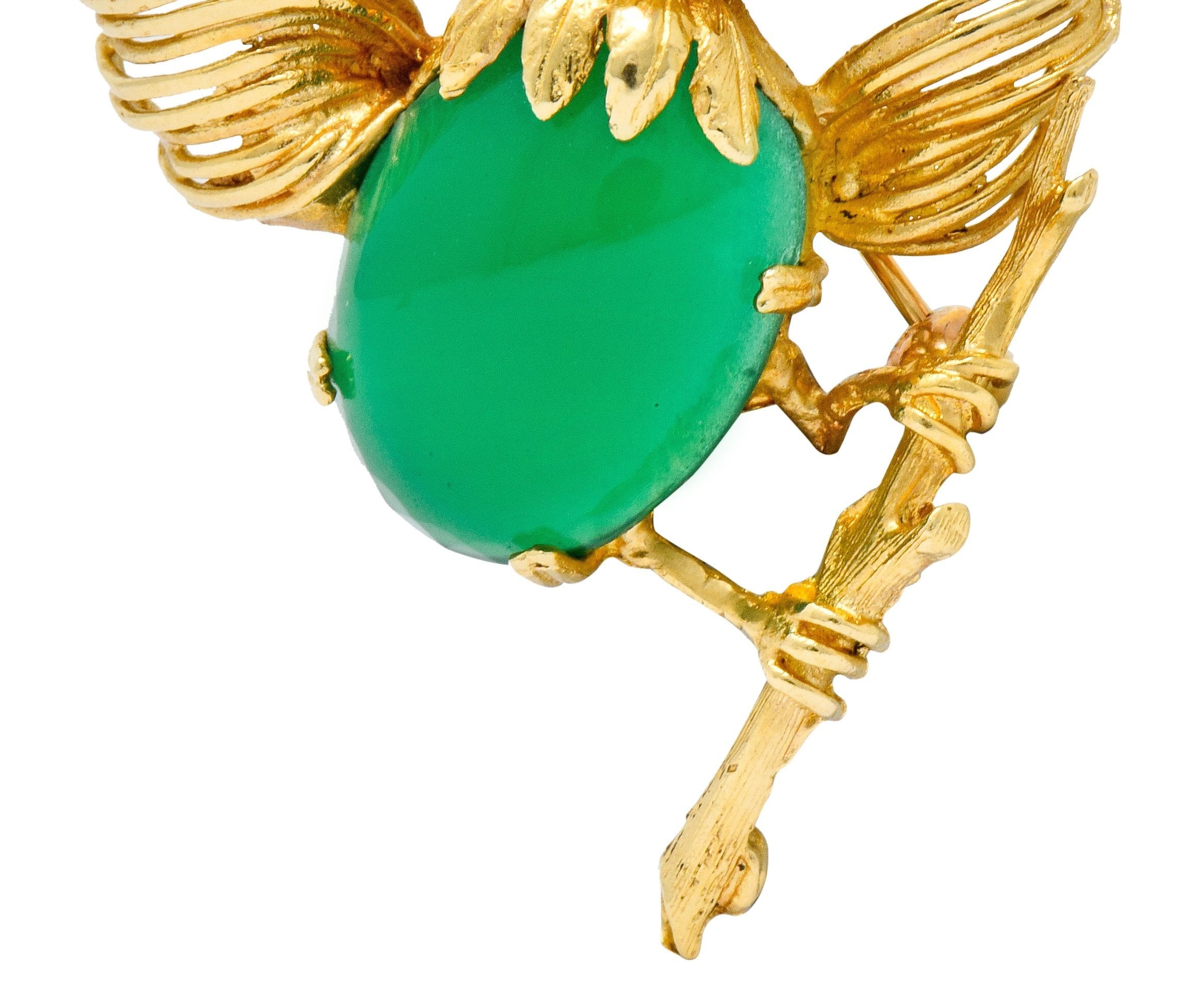 1970's Vintage Chrysoprase 14 Karat Gold Baby Bird Brooch - Wilson's Estate Jewelry