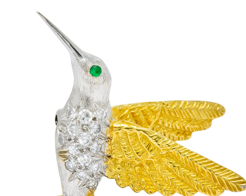 1970's Vintage Diamond Emerald 18 Karat Two-Tone Gold Hummingbird Brooch - Wilson's Estate Jewelry