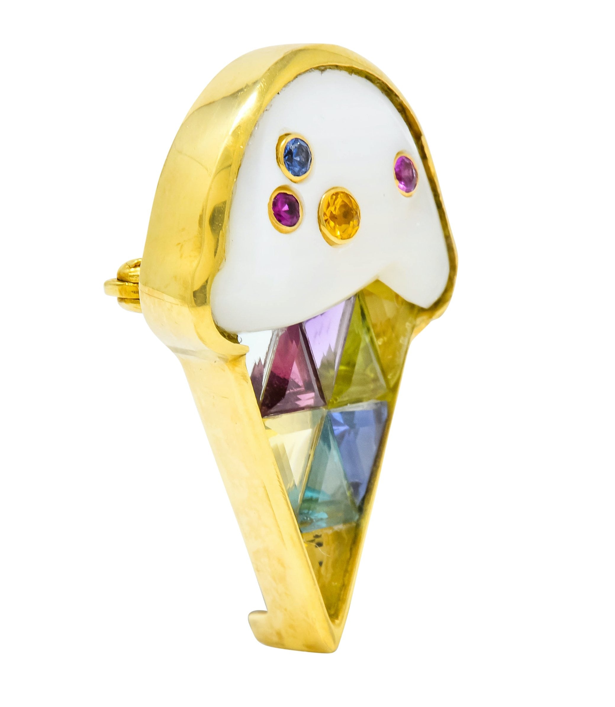 1980s Vintage 18 Karat Gold Invisible Set Multi-Gem Ice Cream Cone Brooch - Wilson's Estate Jewelry