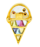 1980s Vintage 18 Karat Gold Invisible Set Multi-Gem Ice Cream Cone Brooch - Wilson's Estate Jewelry