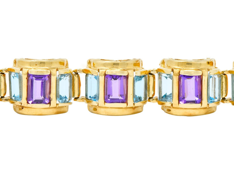 1990's Vintage Amethyst Blue Topaz 14 Karat Gold Link Bracelet - Wilson's Estate Jewelry
