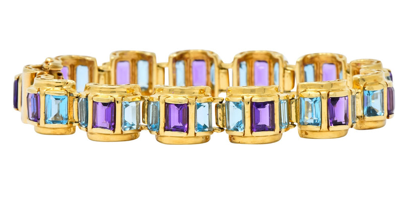 1990's Vintage Amethyst Blue Topaz 14 Karat Gold Link Bracelet - Wilson's Estate Jewelry