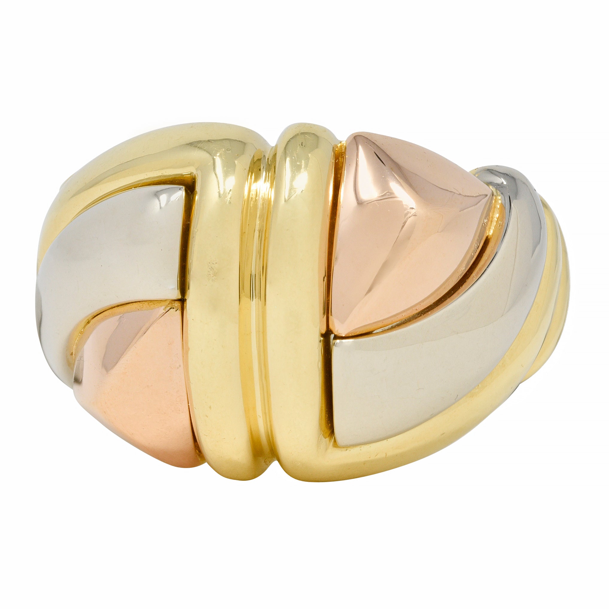 Bulgari 1980's 18 Karat Tri-Colored Gold Geometric Faceted Vintage Dome Ring
