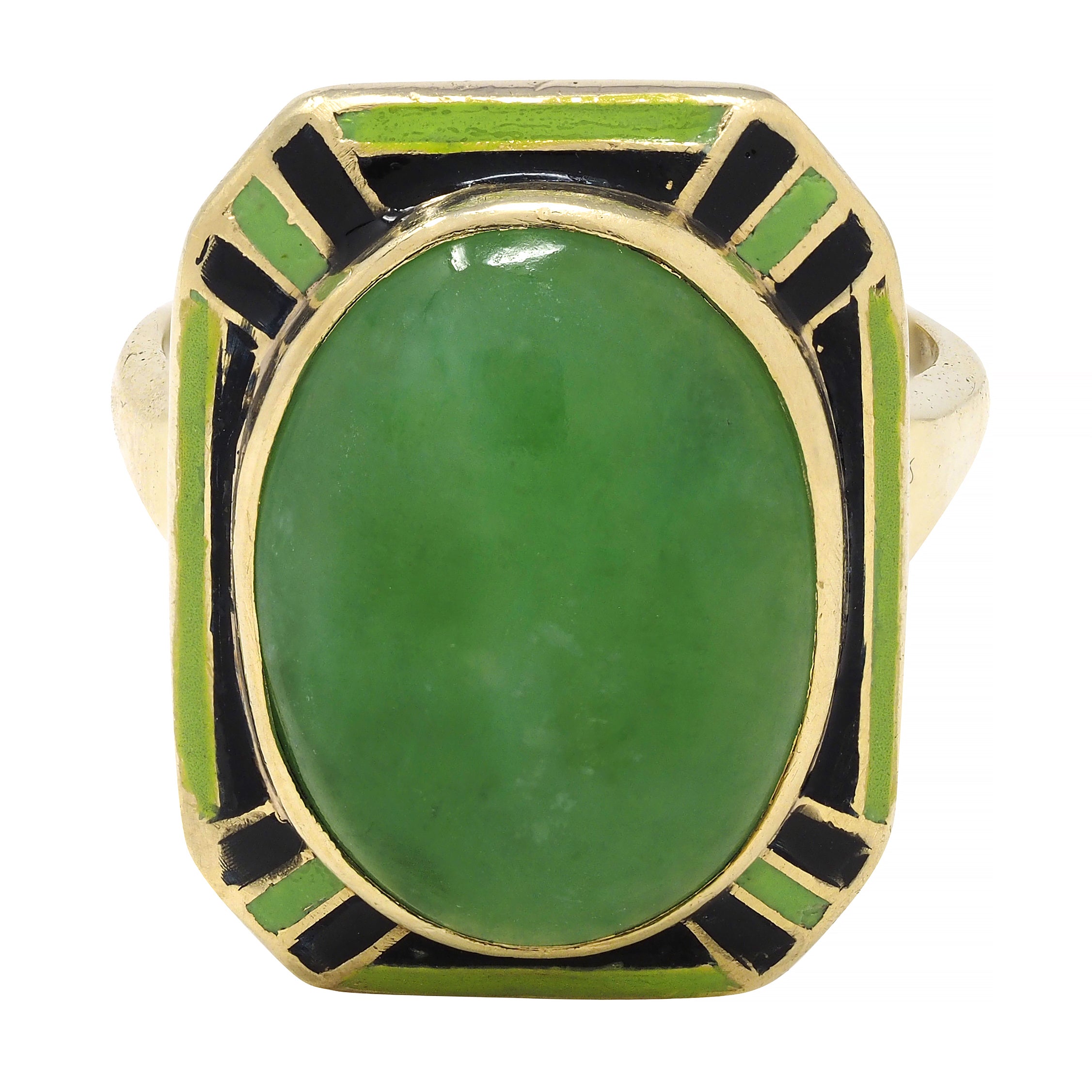 Art Deco Jade Cabochon Enamel 14 Karat Yellow Gold Dinner Ring