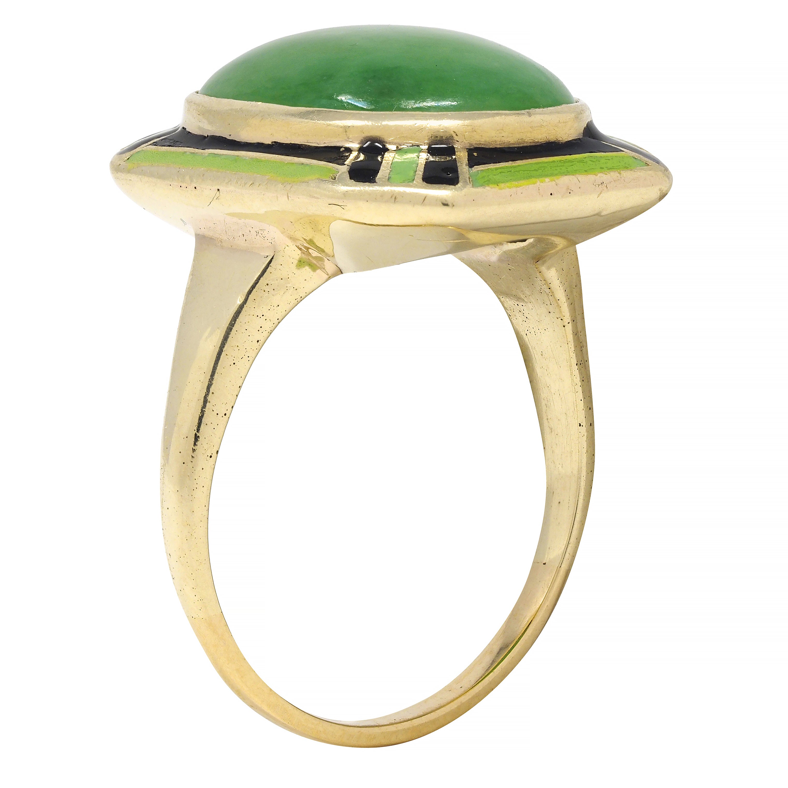 Art Deco Jade Cabochon Enamel 14 Karat Yellow Gold Dinner Ring
