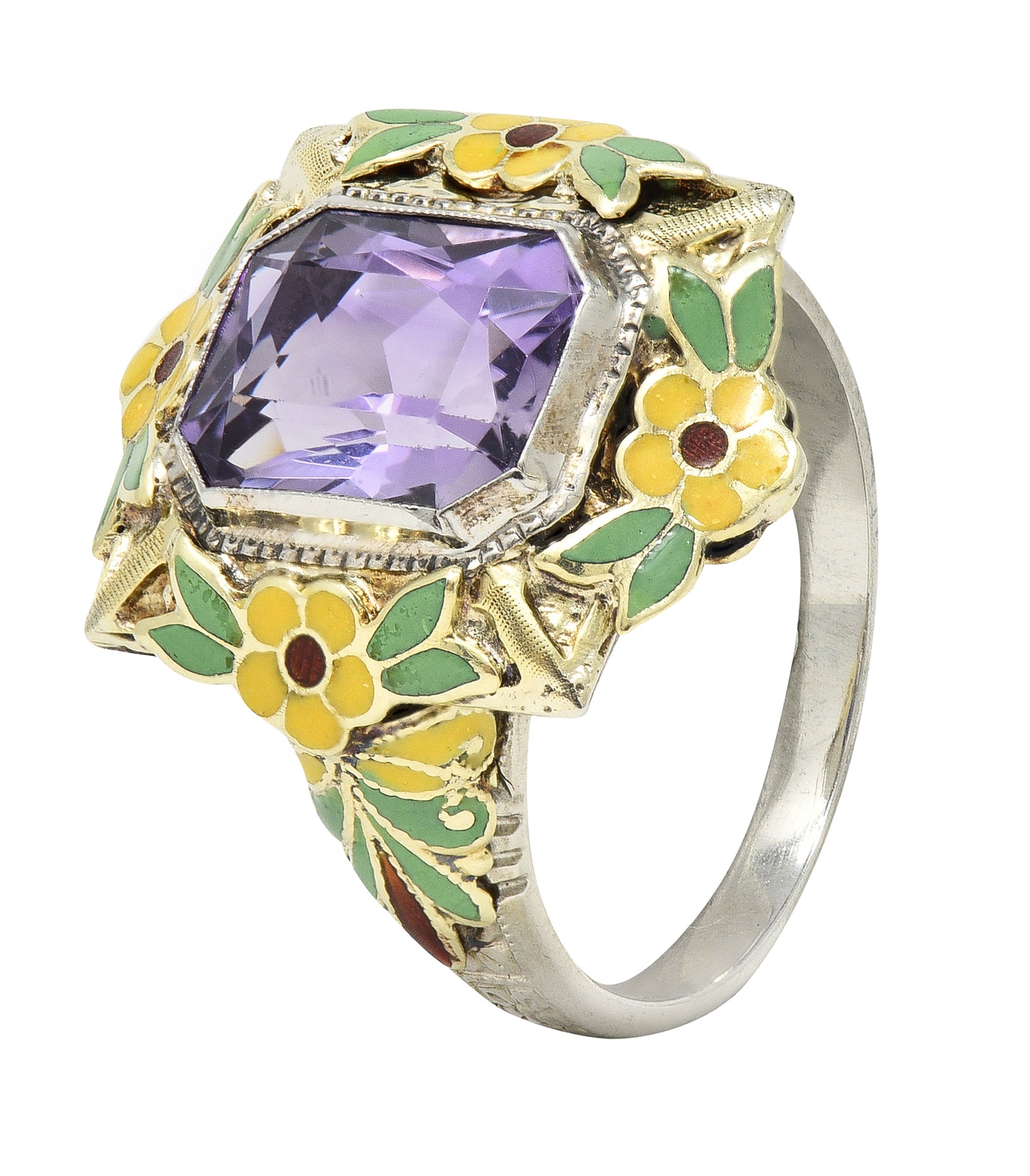 Art Deco Amethyst Enamel 14 Karat Two-Tone Gold Orange Blossom Vintage Ring