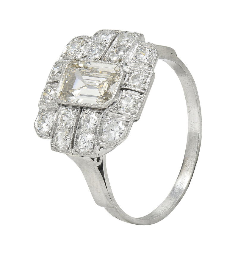Art Deco 2.10 CTW Emerald Cut Diamond Platinum Vintage Cluster Ring