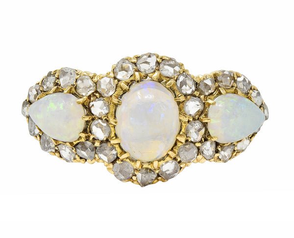 Victorian Opal Diamond 18 Karat Gold Three Stone Antique Halo Cluster Ring