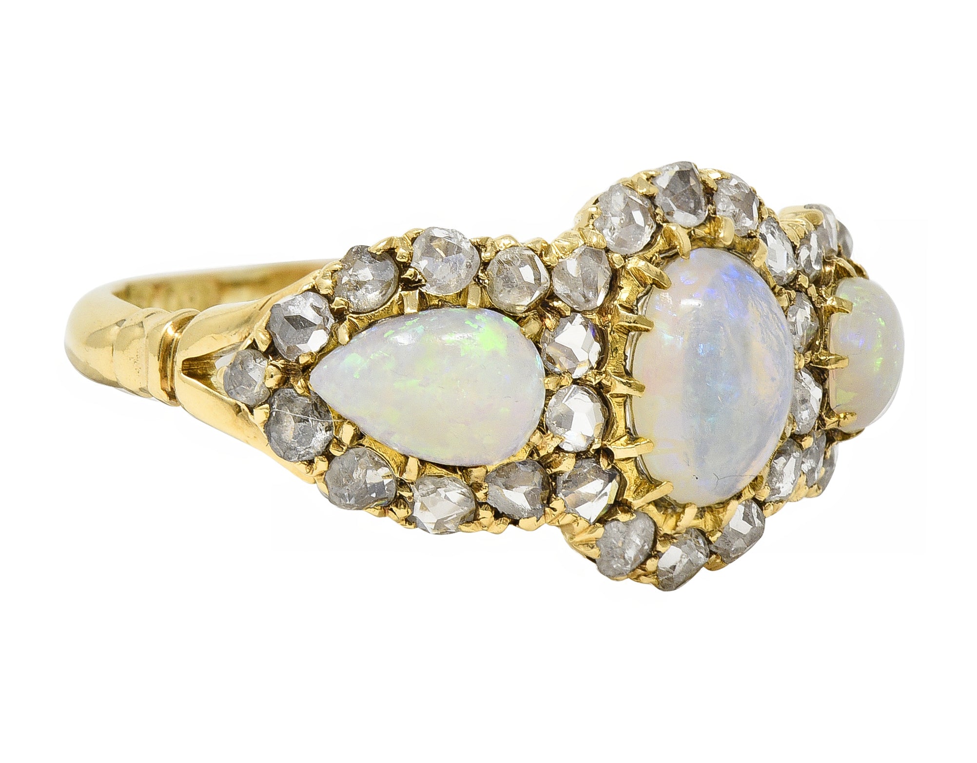 Victorian Opal Diamond 18 Karat Gold Three Stone Antique Halo Cluster Ring